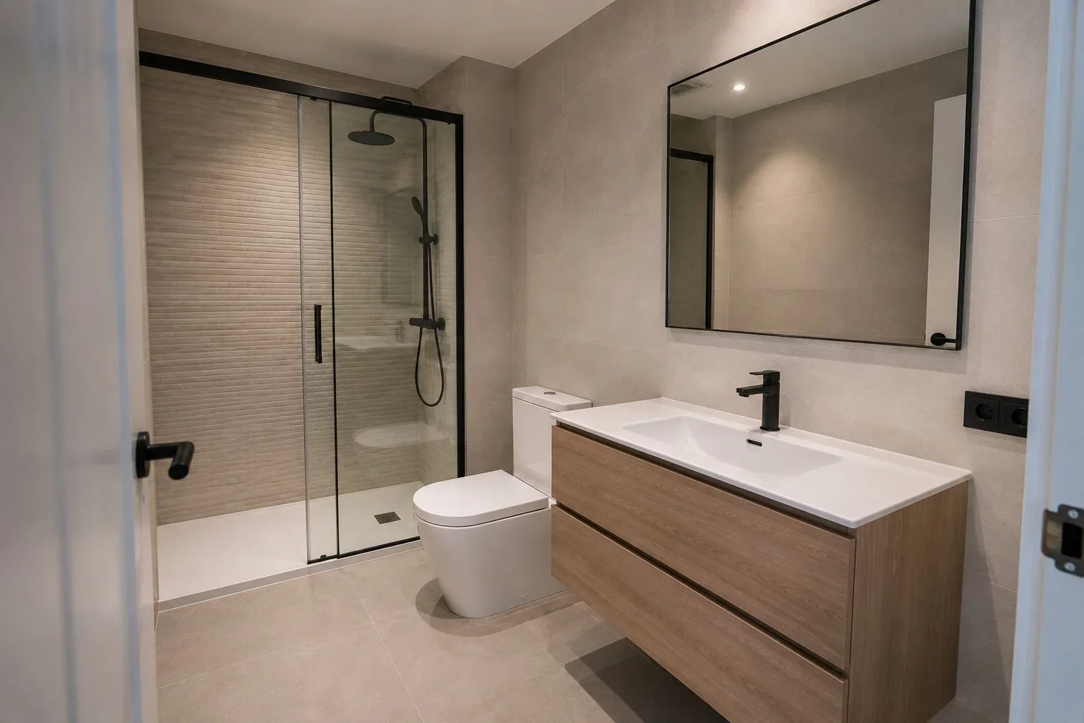 Baño con ducha a ras de suelo renovado en Elda